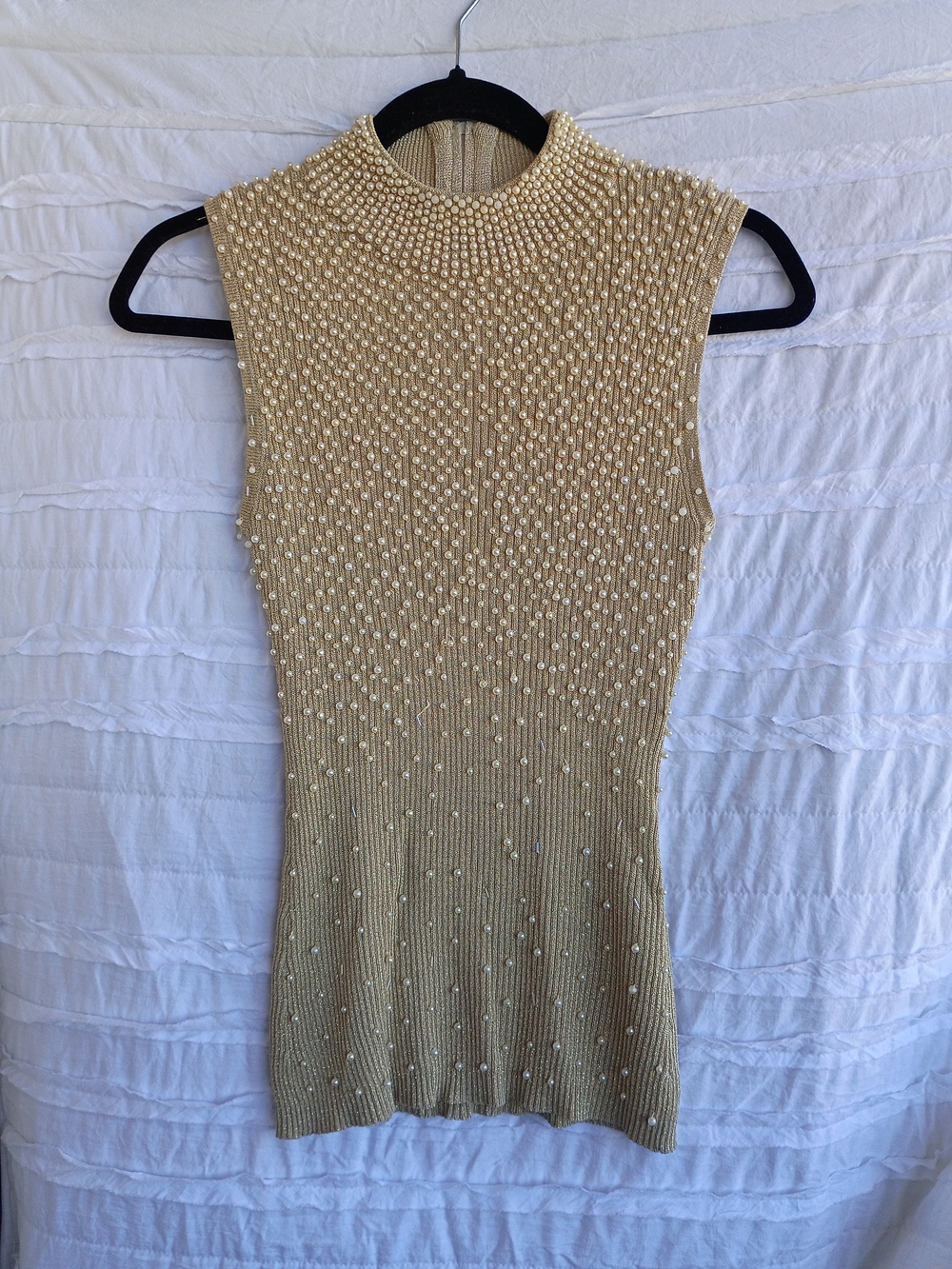 VTG Belldini Silk Lurex Pearl Bead Mock Neck Sleeveless Metallic Knit Top S